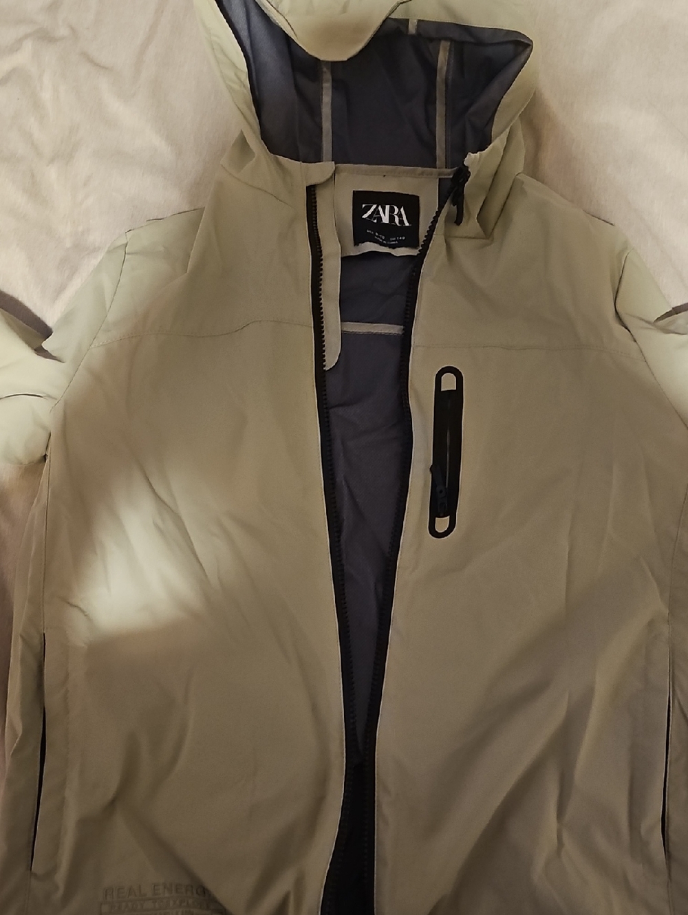ZARA Sage Green Hooded Raincoat with Contrast Navy Lining